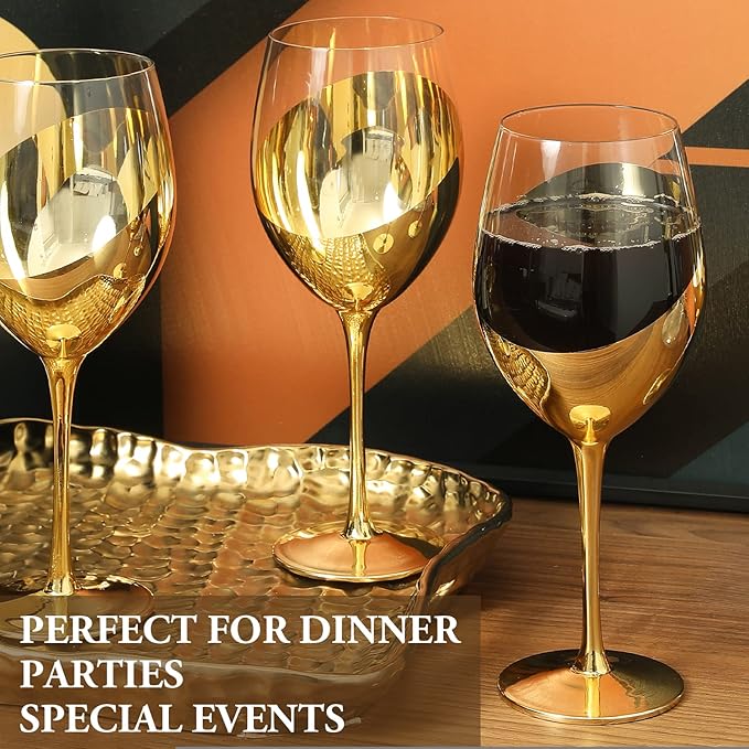 MyGift Modern Brass Long Stemmed Wine Glasses for White or Red Wine with Elegant Angled Design, Set of 4