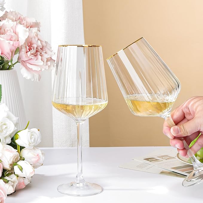 Joeyan Hand-Blown Crystal Wine Glasses for White and Red,Gold Rimmed Striped Drinking Glasses,Stemmed Wine Glass Tumbler Cup,Gifts for Wine Tasting Birthday Anniversary Wedding,19 oz,Set of 2
