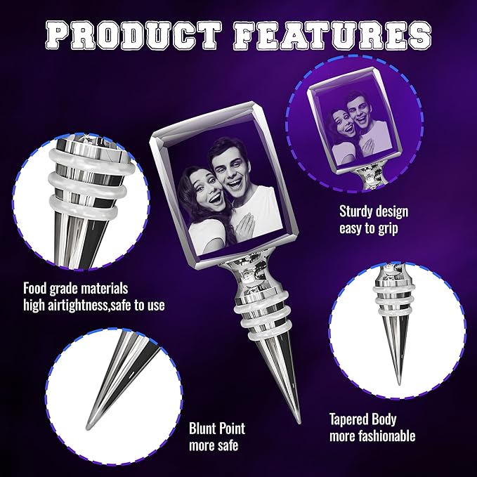 3D Personalized Crystal Wine Stopper, 3D Crystal Picture Engraved, Custom with Your Own Personal Logo, Text and Image, Gift for Father Dad, Anniversary Birthday Wedding Family Gifts (Rectangular)