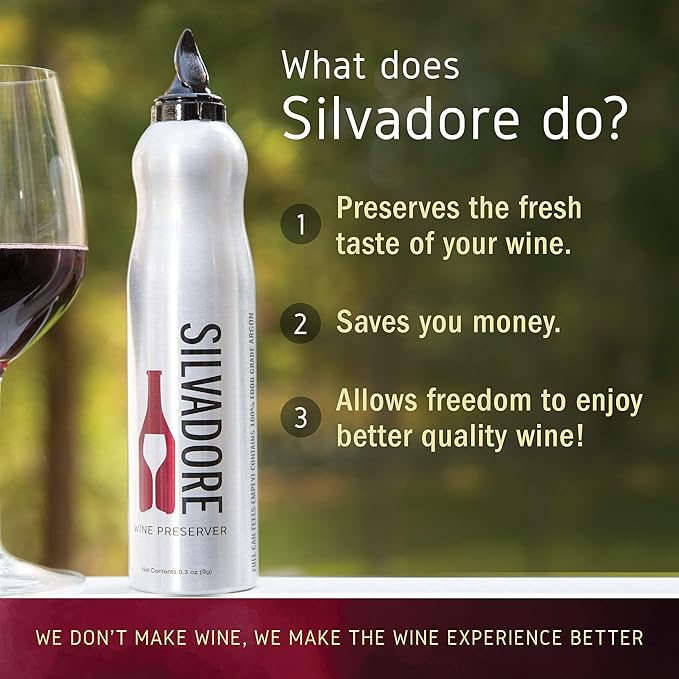Silvadore Argon Wine Preserver | 100% Argon Wine Saver Spray | Silver Aluminum Shaped Can (12 Cans Case)