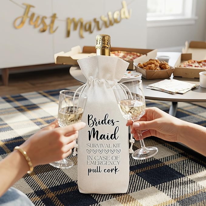 Wine Bridesmaid Proposal Gift Wine Bag, Funny Survival Kit Linen Drawstring Wine Bottle Cover, Reusable Wine Pouch for Bridal Shower Bachelorette Party Wedding Bridesmaid Gift - A05