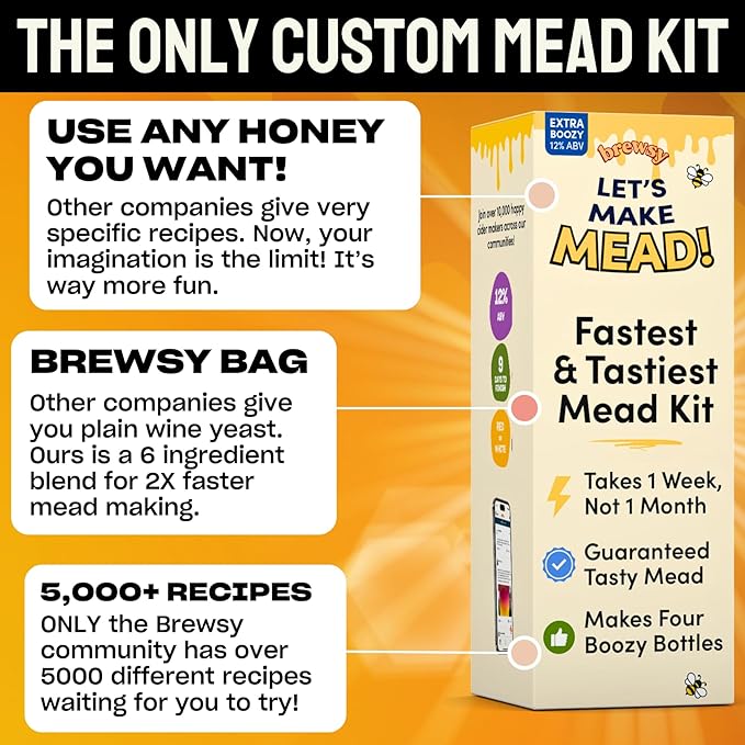 Brewsy Starter Kit for Mead Making - Custom Mead Kit - 4 Bottles in 9 Days - Use Any Juice