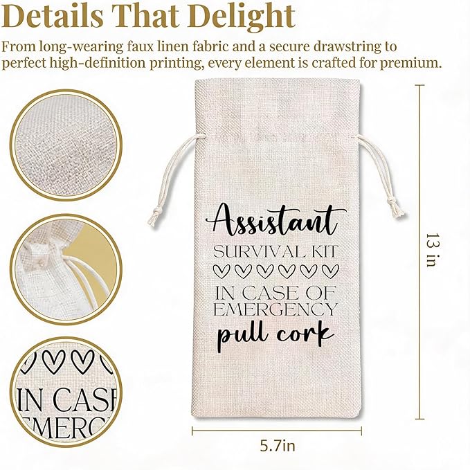 Assistant Appreciation Gift Wine Bag, Funny Survival Kit Linen Drawstring Wine Bottle Cover, Reusable Wine Gift Pouch for Administrative Assistant Office Staff Thank You Gift - A11