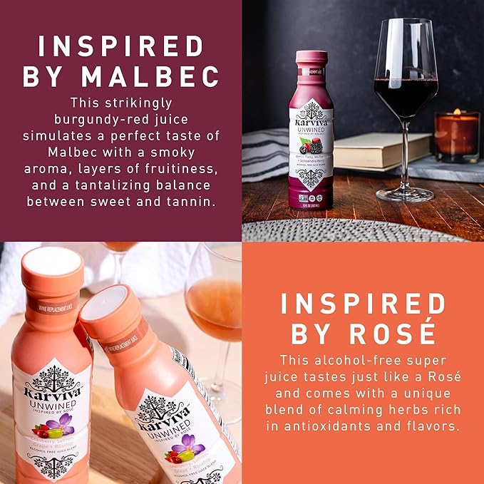 Awards-Winning Non-Alcoholic Wine Alternatives, Variety Pack (Malbec & Rosé) – Ancient Remedies With Adaptogen & Antioxidants for Relaxation, Liver & Brain Detox, Sulfite-Free, Low-Sugar (4 BPA-Free Bottles, 12 oz Each)