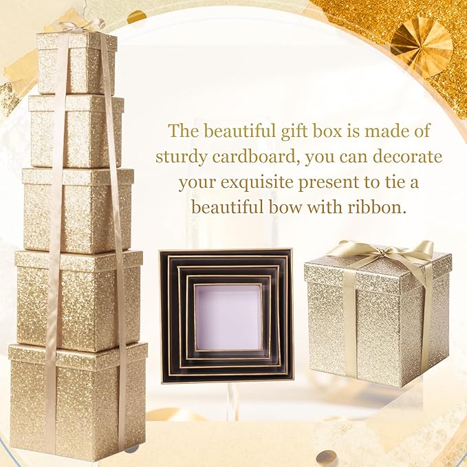 Cholemy 5 Pcs Square Nesting Boxes Decorative Gift Boxes with Lid and Ribbon Assorted Sizes Wrap for Wedding, Carnival, Anniversary, Birthday, Bridal Shower Party Gifts(Champagne Gold)