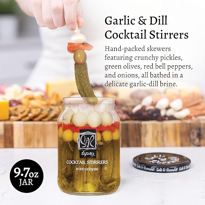 Sable & Rosenfeld Tipsy Garlic & Dill Cocktail Stirrers 16 oz Jar (Pack of 1), Hand-Packed Martini Pickles and Olive Skewers, Kosher, Gluten-Free Cocktail Garnish