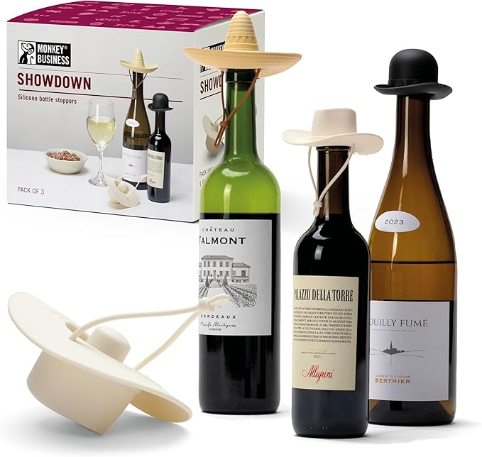 Monkey Business Showdown Silicone Wine Stoppers (Set of 3) – Fun selection of Cowboy Hats: Howdy, elCorko, & Bowler | Food-Grade, Leakproof Novelty Gifts for Wine Lovers