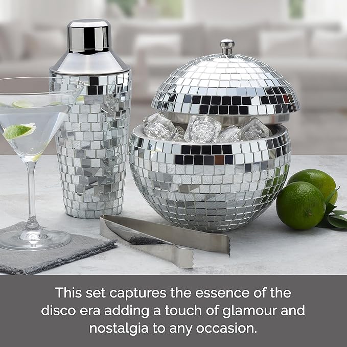 Mikasa Disco Beats 3-Piece Mirrored Bar Set with Cocktail Shaker, Ice Bucket, and Tongs – Glamorous Silver Mosaic Design for Stylish Home Entertaining