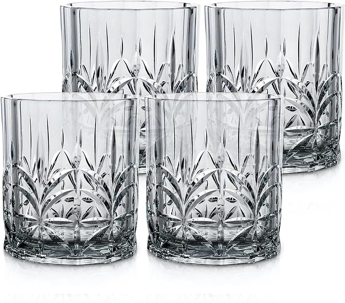 BELLAFORTE Shatterproof Tritan Plastic Short Tumbler, Set of 4, 13oz - Myrtle Beach Unbreakable Crystal Cut Old Fashioned Drinking Glasses for Party, Gifting - BPA Free - Dishwasher Safe - Smok Grey