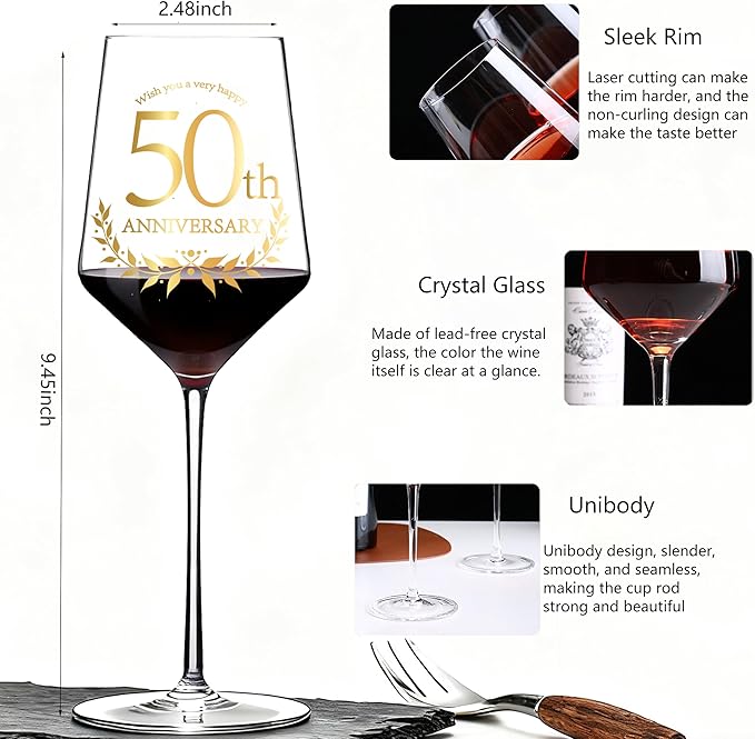 50 Years Anniversary Wine Glass Gift Set of 2 Happy 50th Anniversary Package with 2 Wine Glasses, Wine Bag, and Greeting Card Gifts for Couple Husband and Wife