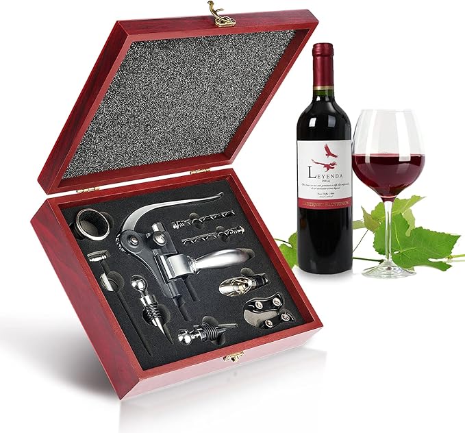 QCLTY 9-Piece Stainless Steel Wine Opener Kit Bottle Opener Gift Set Beer/Wine Accessories Set Wood Case