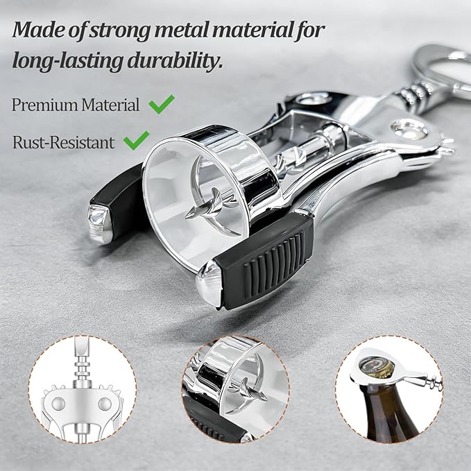 Premium Wing Wine Opener Corkscrew, Zinc Alloy Multi-Use Bottle Opener for Home & Bar