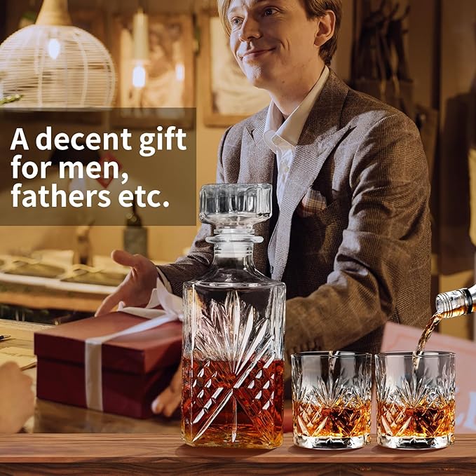 Whiskey Decanter Set for Men 2pcs Whisky Glasses and 1pcs Glass Decanter Bottle with Cooling Stones Clear Whisky Liquor Set for Bourbon Rum Fathers'Gift