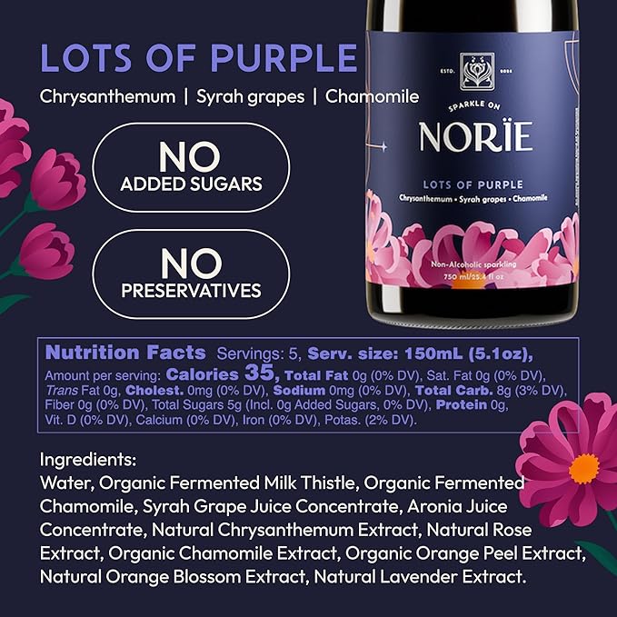Norïe Lots of Purple – Award-Winning Non-Alcoholic Sparkling Blend with Syrah Grapes, Chamomile & Chrysanthemum – Floral & Elegant Non-Alcoholic Drink - Vegan, Gluten-Free, 750ml