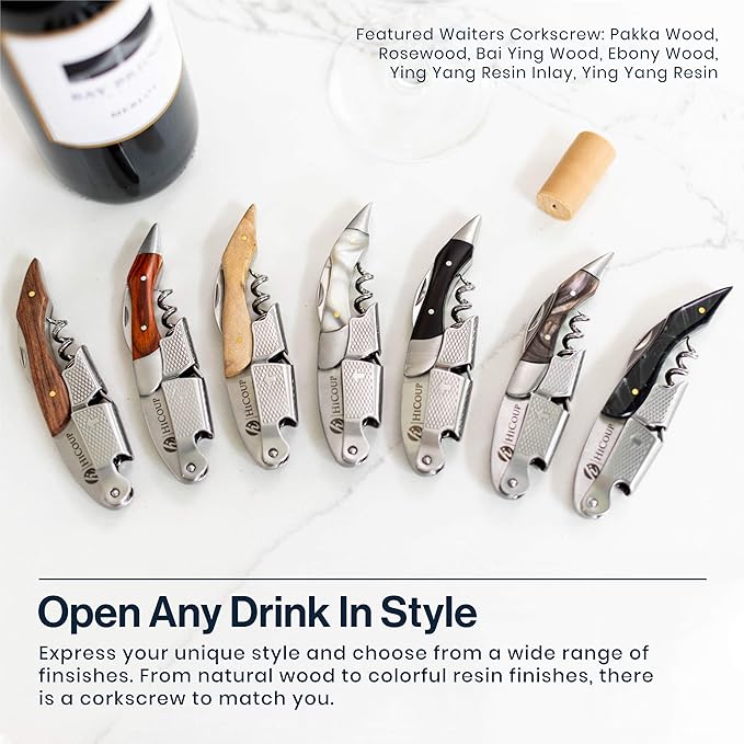 Hicoup Wine Opener - Professional Corkscrews for Wine Bottles w/Foil Cutter and Cap Remover - Manual Wine Key for Servers, Waiters, Bartenders and Home Use - Stainless Steel With Red Pear Wood Inlay