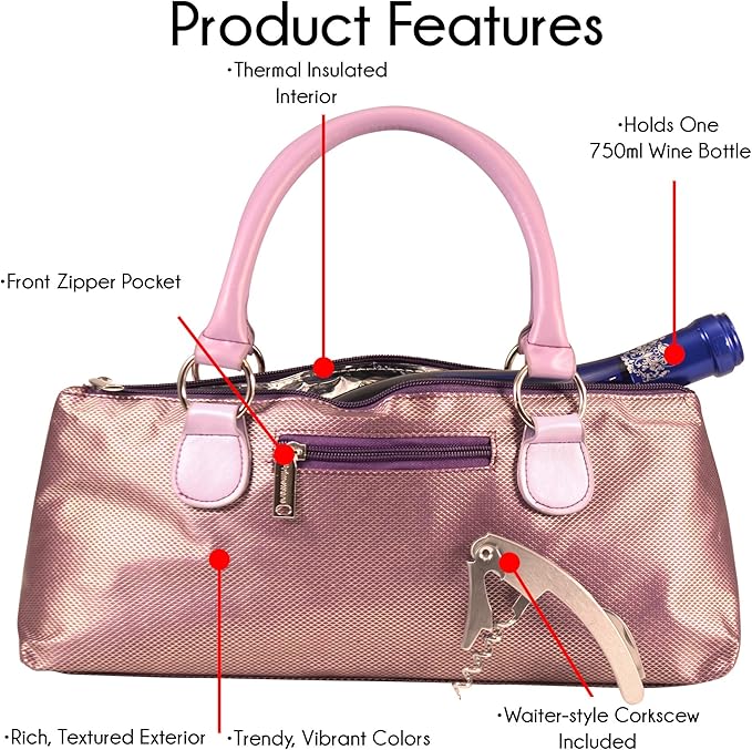 Primeware Wine Clutch Bag (Thermal Insulated) Trendy Women’s Carry Tote | Holds Red & White 750mL Bottles | Trendy Fashion | Incl. Portable Waiter-Style Corkscrew