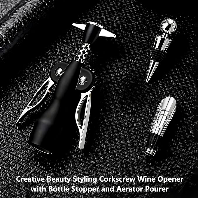 Beauty Inspired Corkscrew Wine Opener Set with Bottle Stopper and Aerator Pourer Dual Wing Design
