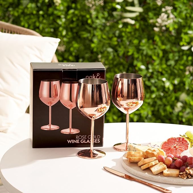 Oak & Steel - 2 Rose Gold Stainless Steel Wine Glasses (18 Oz) Unbreakable Metal Wine Glasses, Wine Goblets with Gift Box for House Warming, Valentines, Anniversary