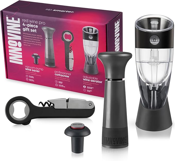 Innovine Red Wine Pro 4-Piece Wine Tool Gift Set – Adjustable Wine Aerator with Stand, Double-Hinged Corkscrew & Vacuum Wine Saver with Stopper – Complete Red Wine Opening, Aeration & Preservation Kit