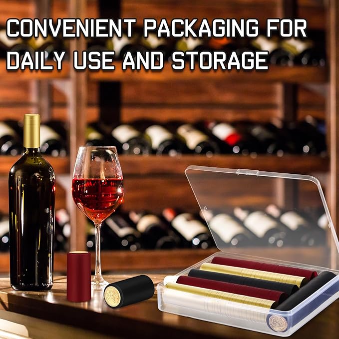 Maxdot 120 Count PVC Heat Shrink Capsules with Storage Box Wine Bottle Sealer for Cruise Shrink Wrap Bottle Corks Capsules for Professional Making Wine Cellars and Home(Red, Gold, Black)