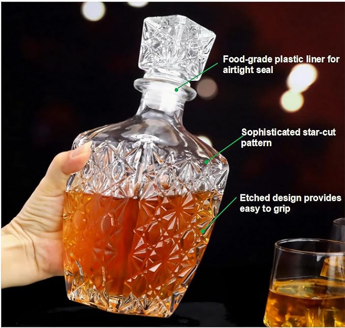 Whiskey Decanter Set,800ML Elegant Liquor Carafe with Ornate Glass Stopper and 2 Matching Whisky Tumblers–Whisky,Scotch, Liquor, Wine, Bourbon, Gin, Rum, Tequila, Vodka and Brandy (Diamond Style)