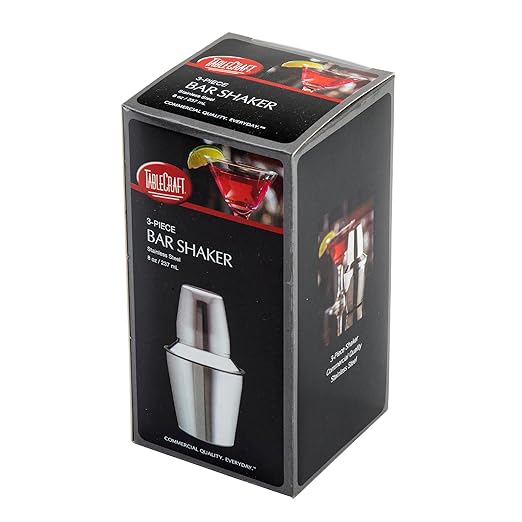 TableCraft 375 3-Piece Stainless Steel Cocktail Shaker, Bar Shaker with Built-In Strainer for Bartenders, Perfect for Mixing Cocktails, Margaritas – Durable Stainless Steel, Dishwasher Safe, 8oz