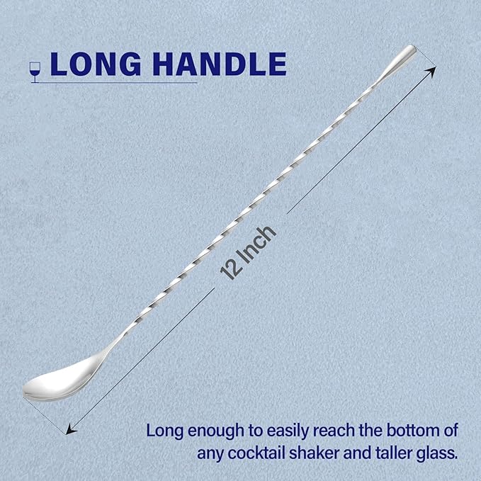 Briout Bar Spoon Cocktail Mixing Stirrers for Drink, Stainless Steel 12 Inches Long Handle, Silver 2 Pieces