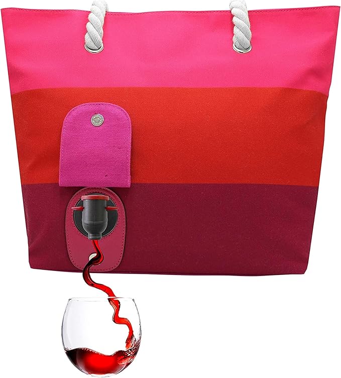 PortoVino Wine Purse with Hidden Spout - Canvas Drink Tote Bag with Secret Flask Dispenser - Holds 2 Bottles of Wine - Ideal Insulated Alcohol Travel Bag for Beach, Parties, Sangria Design
