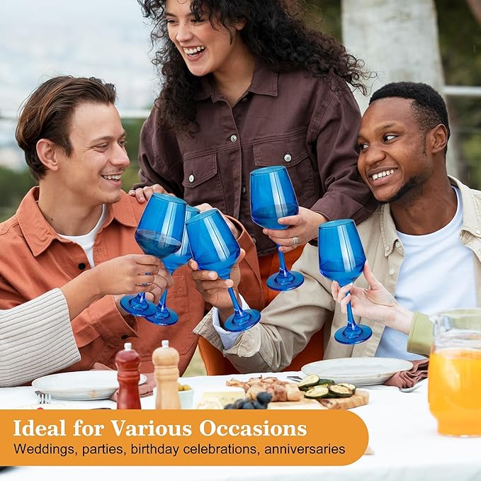 Blue Wine Glasses Set of 6, 12oz Stemmed Glasses, Thick & Colored, Dishwasher Safe Stemware for Red or White, Gift for Party, Holiday, Anniversary, Restaurant, Home Bar, Daily Use