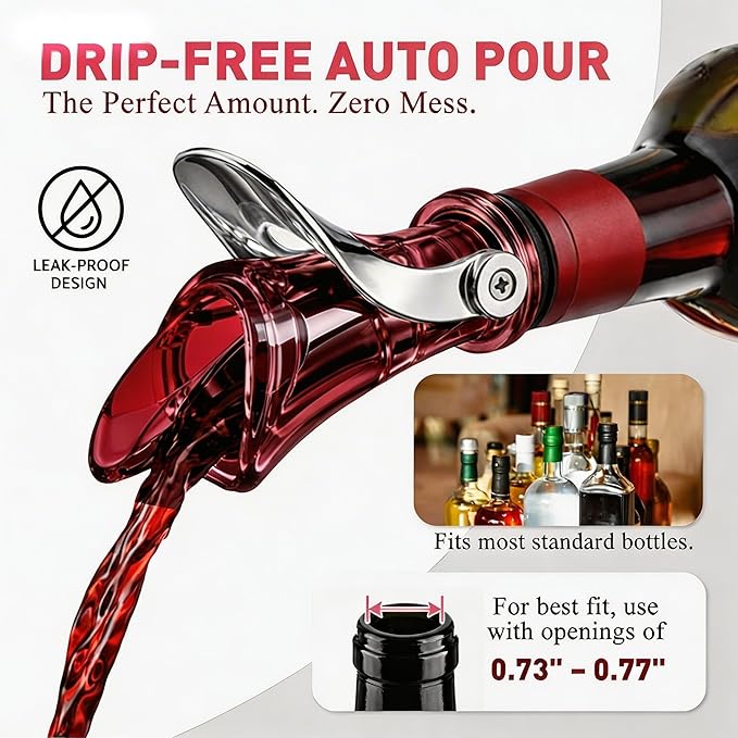 IOV Wine Pour Spout, Upgraded Sealing Liquor Bottle Pourers, Auto Flip Olive Oil Dispenser Spout, Pourer with Dust Caps for Alcohol, Vinegar and Syrup, No-Drip Wine accessories, Red