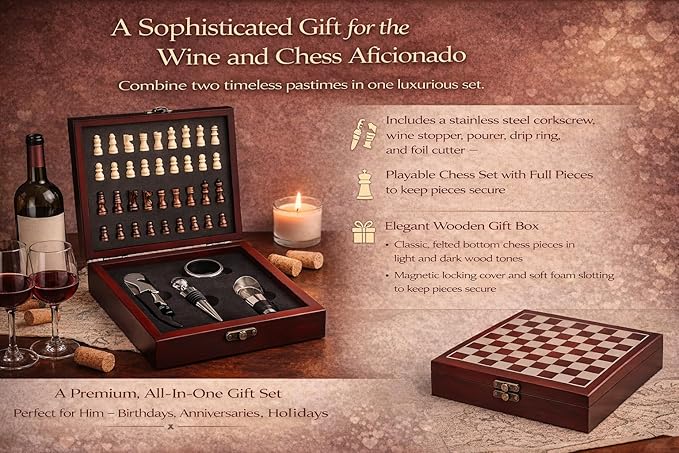 Wine Gift Set with Chess Board – Wine Accessories Kit for Men & Women, Corkscrew, Stopper & Pourer Included, Unique Gift for Wine Lovers, Birthday, Anniversary, Housewarming