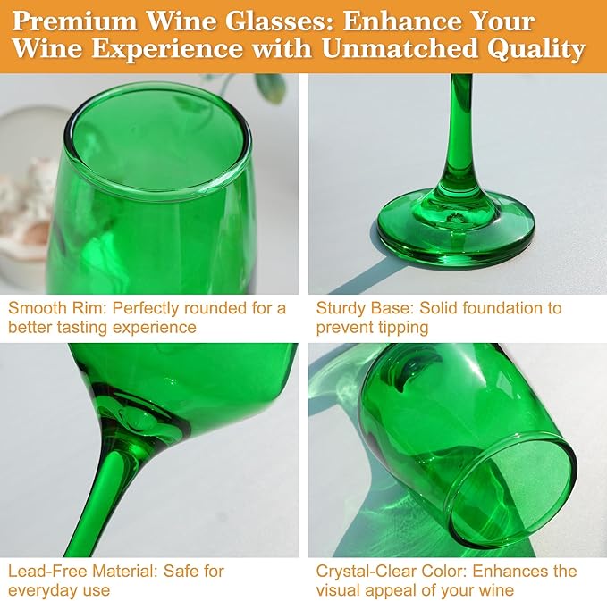 Green Wine Glasses Set of 6, 14oz Stemmed Glasses, Thick & Colored, Dishwasher Safe Stemware for Red or White, Gift for Party, Holiday, Anniversary, Restaurant, Home Bar, Daily Use