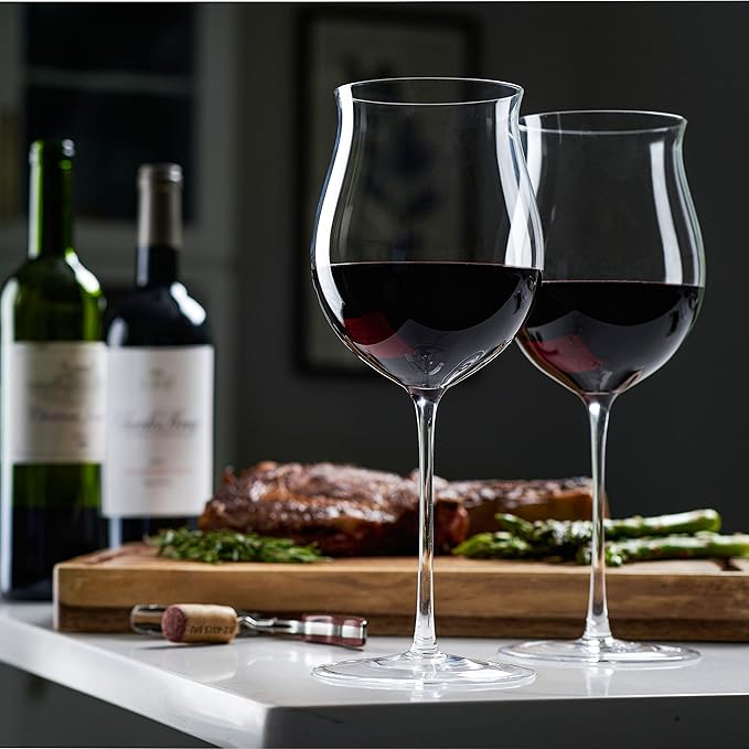 Bella Vino Extra Large Crystal Wine Glasses with Stem - Elegant Wide Rim Stemware Giant Red Patented Stemmed Long for Unique Modern Glass Gifts, Set of 2-32oz., (bv2004)