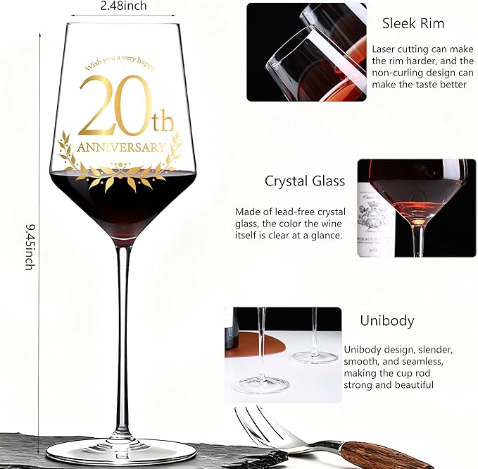 20 Years Anniversary Wine Glass Gift Set of 2 Happy 20th Anniversary Package with 2 Wine Glasses, Wine Bag, and Greeting Card Gifts for Couple Husband and Wife