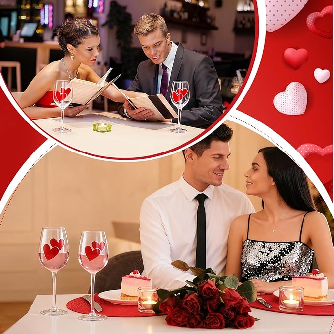 SiliFine 4 Pcs Valentine's Day Red Hearts Theme Party Stemmed Wine Glasses Hand Painted Red Heart Drinking Cup Wine Glasses Gifts for Birthday Theme Holiday Party Supplies