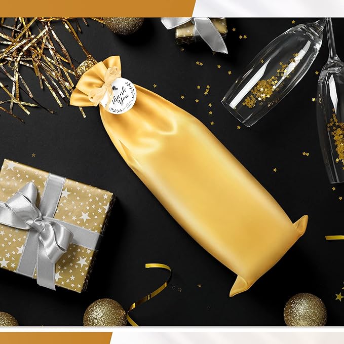 Shappy 12 Pcs Yellow Satin Wine Gift Bags with Drawstrings and Tags, Wine Bottle Bags Covers Reusable for Holiday Party Supplies