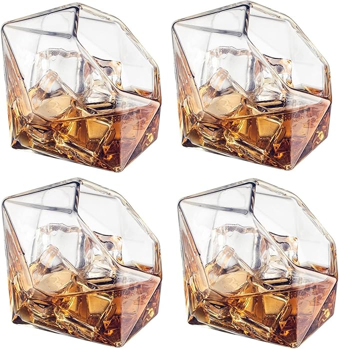 Luxury Diamond Whiskey Decanter Set with 4 Matching Glasses & Mahogany Wood Base - 750ml Hand-Blown Borosilicate Glass Liquor Dispenser for Bourbon & Scotch - Unique Home Bar Gift, Anniversaries Gifts