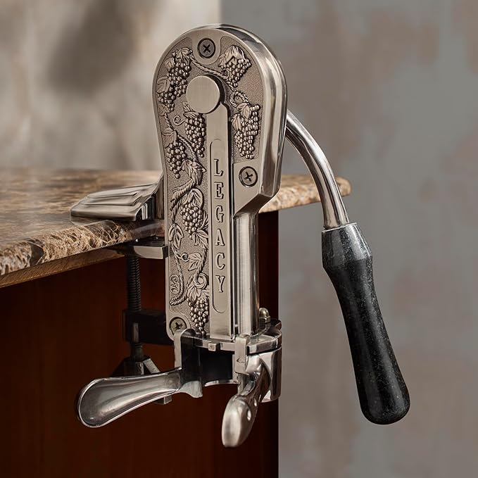 Wine Enthusiast Legacy Corkscrew – Durable Wine Opener with Black Marble Handle & Solid Metal Construction - Long Lasting Cork Removal with Tabletop Mount (Pewter)