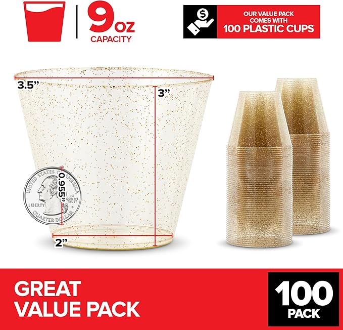 Stock Your Home 9oz Gold Glitter Plastic Cups (100 Pack), Elegant Party Cups for Birthday Parties, Weddings, and Holidays, Fancy Disposable Cocktail Glasses, Clear and Gold, Bulk Wine and Mimosa Cups