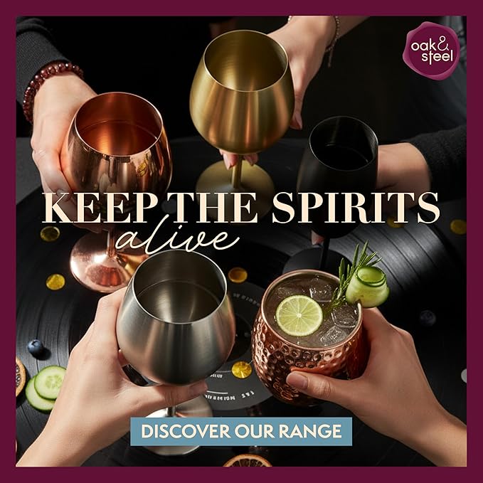 Oak & Steel - 2 Gold Stainless Steel Wine Glasses (18 Oz) Unbreakable Metal Wine Glasses, Wine Goblets with Gift Box for House Warming, Valentines, Anniversary