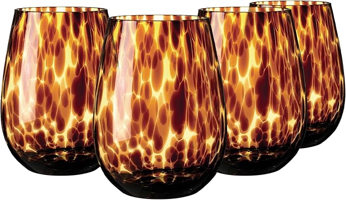 Joseph Sedgh Collection Tortoise Shell Stemless Wine & Water Glass Set of 4 – 16.91 oz Borosilicate Tumblers – Durable, Lead-Free, Dishwasher Safe – Gift Box Packaged