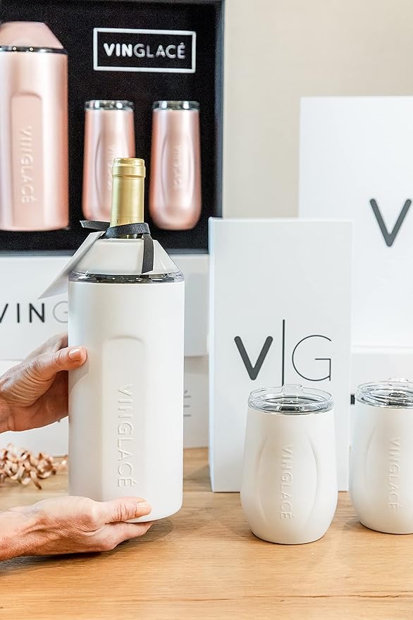 Vinglacé Wine Bottle Chiller Limited Edition Tennis Gift Set- Portable Stainless Steel Wine Cooler with 2 Stemless Wine Glasses, Tennis White