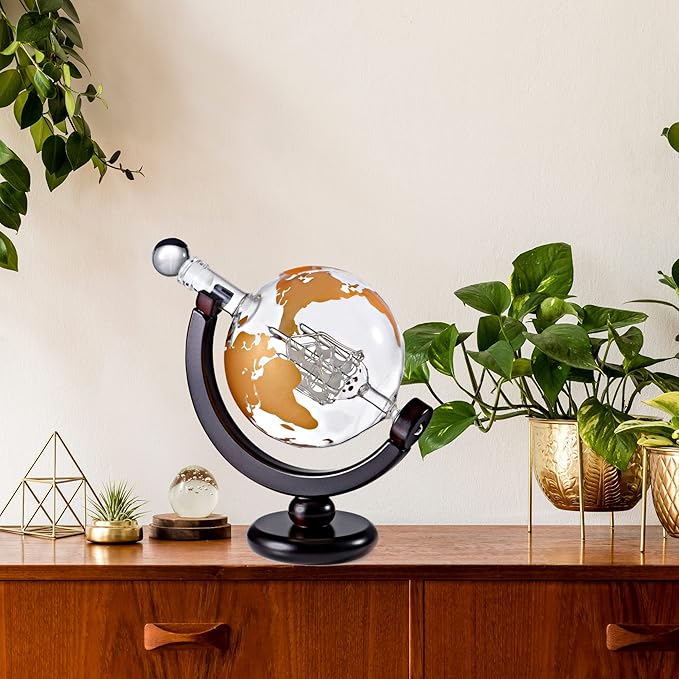 Whiskey Decanter Globe Gift Set - Rich Base Tray - Gold Whiskey Dispenser Airtight Stopper for Wine, Bourbon, Brandy, Juice, Water - Decanter Sets For Men Christmas Gifts for Dad Boyfriend Husband Him
