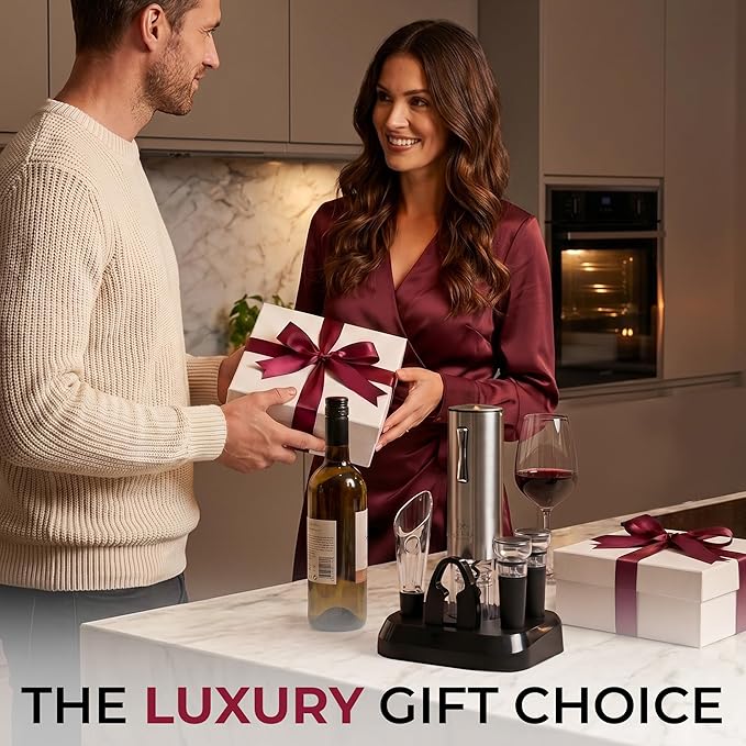 Zulay Kitchen Rechargeable Electric Wine Opener Set with Charging Base - Automatic Corkscrew Wine Bottle Opener, Aerator Pourer, Foil Cutter & 2 Vacuum Stoppers - Stainless Steel Wine Gift Set, Silver