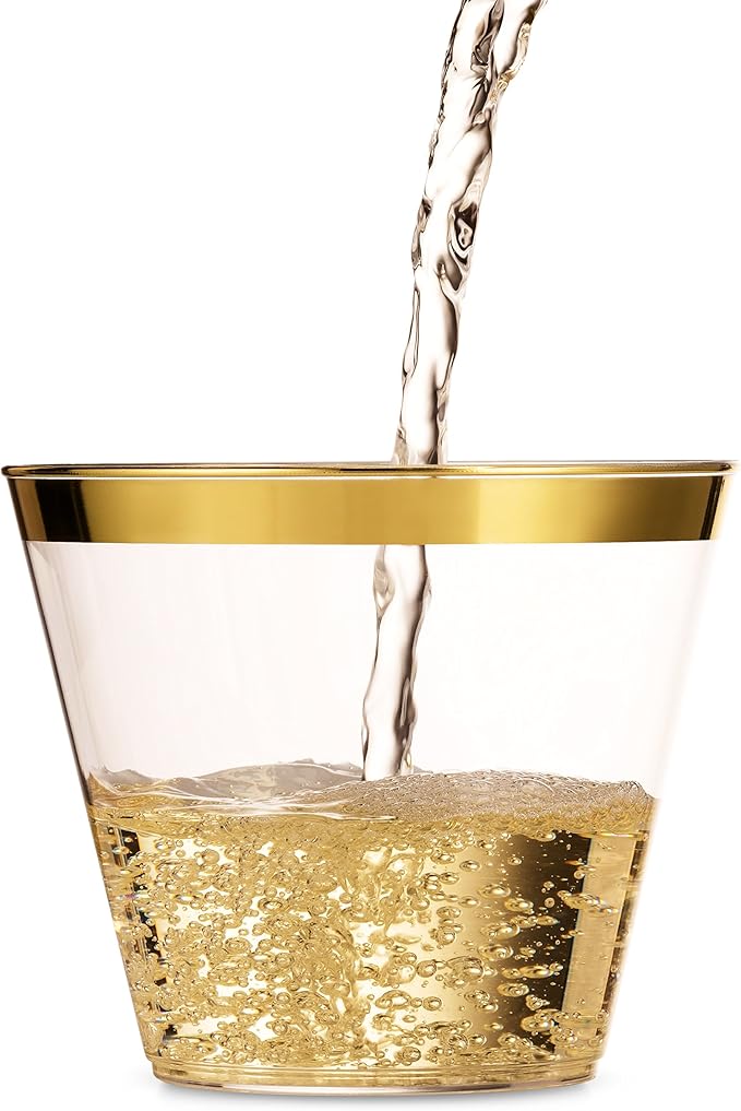 Munfix 100 9 Oz Clear Plastic Cups, Old Fashioned Tumblers, Fancy Disposable Wedding Cups, Elegant Party Cups with Gold Rim