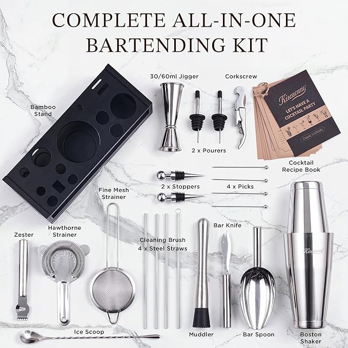 KITESSENSU 25-PC Professional Boston Shaker Set Bartender Kit, Mixology & Cocktail Bar Set with Bamboo Drawer Stand, 18oz & 28oz Ultimate Martini Shaker Gift for Home Bar