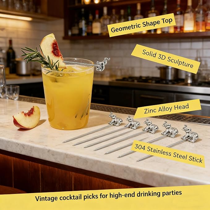 Homestia Stainless Steel Cocktail Picks, 4.7 Inch Elephant Animal Cocktail Toothpicks, Reusable Garnish Skewers for Drinks, Set of 6 Martini Olive Picks