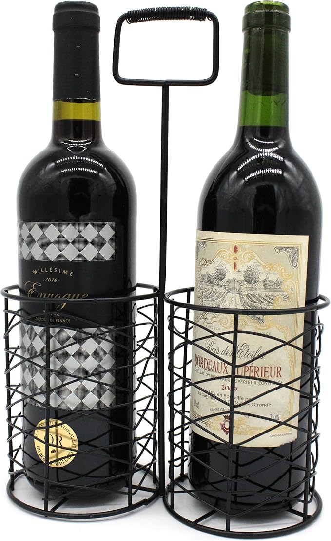 Metal Wire Duple Wine Bottle Holder with Handle Vintage Style 2-Bottles Carrier Basket. Black