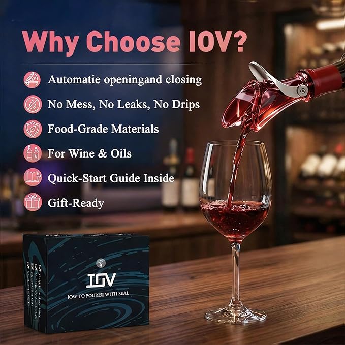 IOV Wine Pour Spout, Upgraded Sealing Liquor Bottle Pourers, Auto Flip Olive Oil Dispenser Spout, Pourer with Dust Caps for Alcohol, Vinegar and Syrup, No-Drip Wine accessories, Red