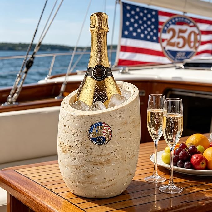 250th Years of United States Wine Chiller & Champagne Cooler – Travertine-Textured Resin Bucket for Rapid Cooling, Perfect for Independence Day Celebration, Home Party Decor – Wine Lovers Gift (Beige)